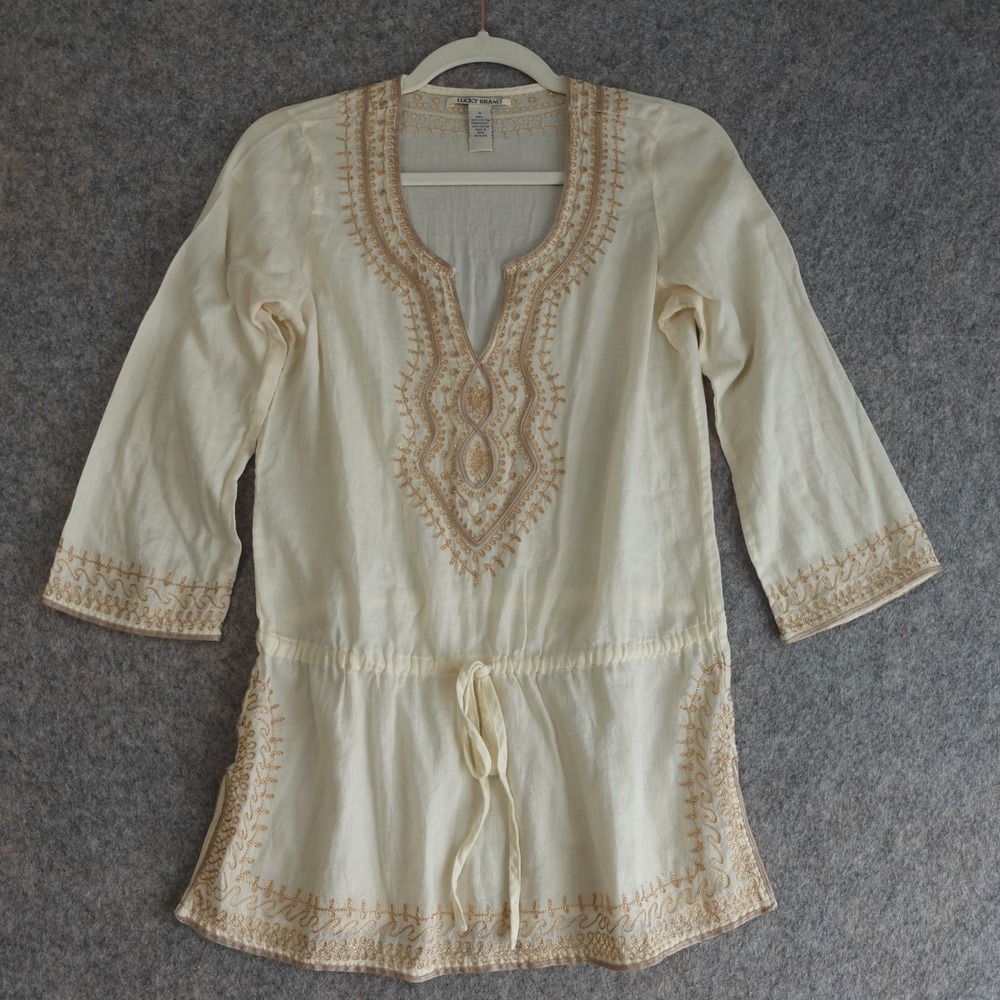 Lucky Brand Tunic Womens S Cream Gold Embroidered Cotton Gauze Boho Hippie Top